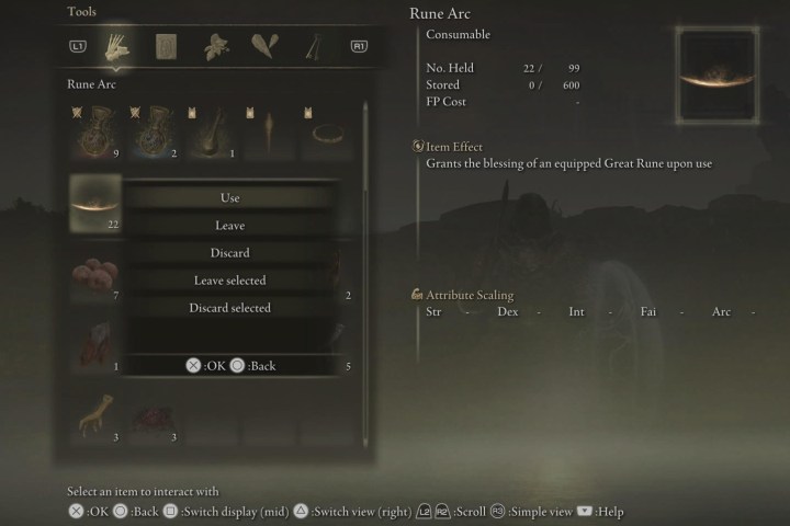 The item menu in Elden Ring displays the description for Rune Arcs. 