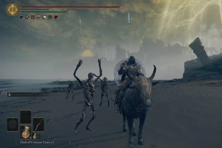 An Elden Ring player sits on their horse as undead creatures attack them.