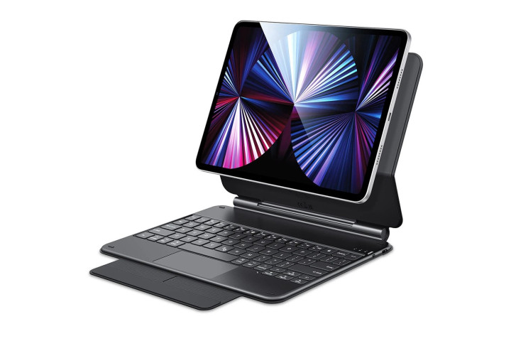 The iPad Air 5 in an ESR Rebound Magnetic Keyboard Case showing the responsive keyboard and detachable case.