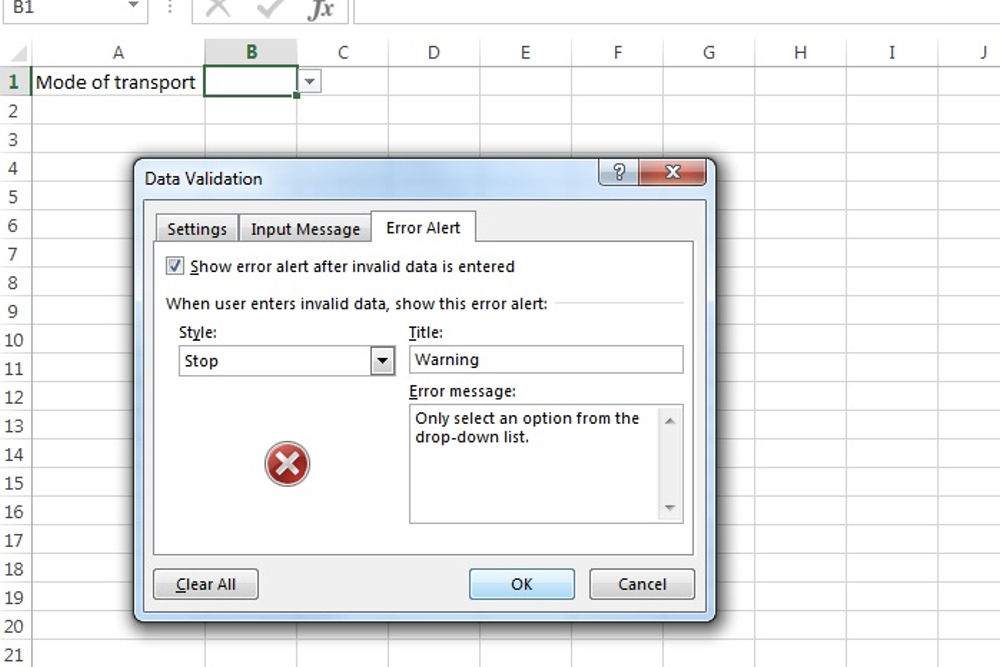 Ingresar los datos relevantes para mostrar una alerta de error para una lista desplegable en Microsoft Excel.