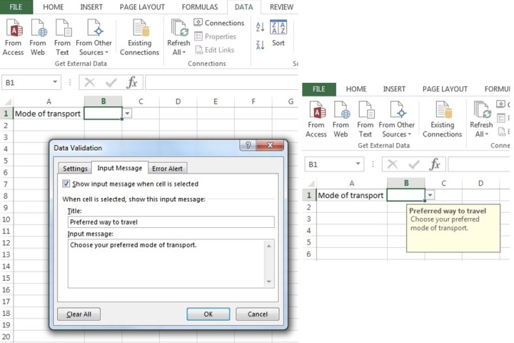 Displaying a message for a drop-down list on Microsoft Excel.