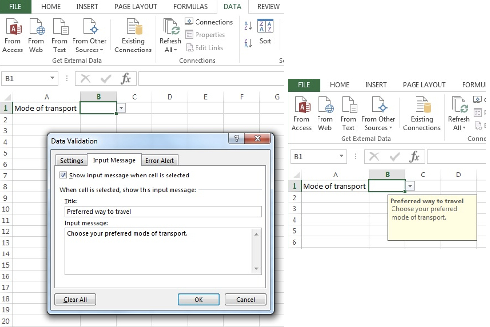 Exibindo uma mensagem para uma lista suspensa no Microsoft Excel.