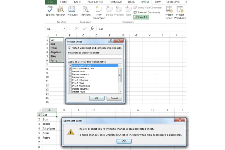The Protect Worksheet option for locking cells on Microsoft Excel.