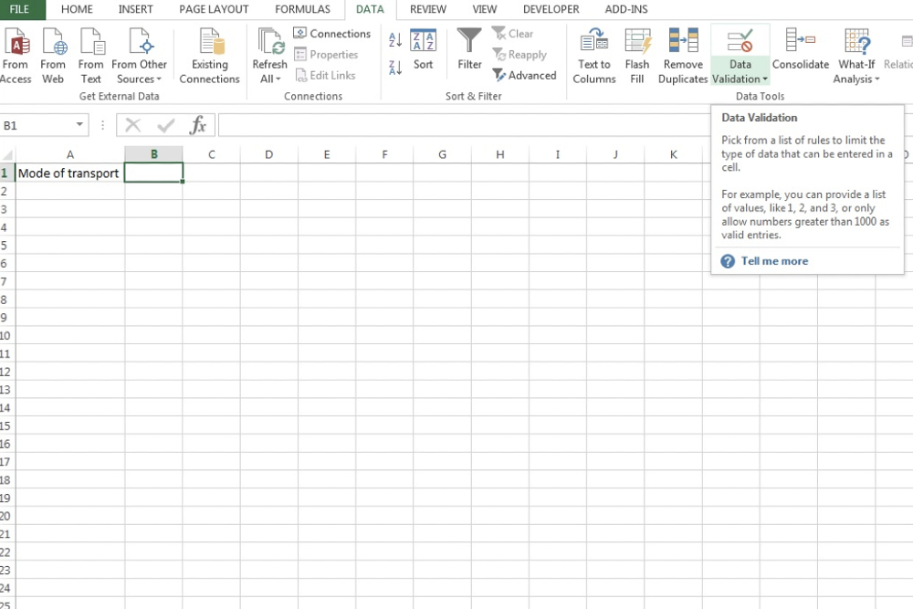 El botón Validación de datos en Microsoft Excel.