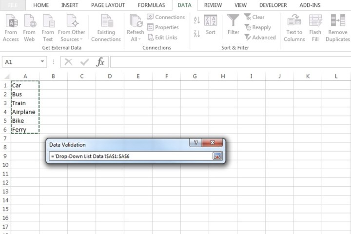 Selecting a range of cells for a drop-down list on Microsoft Excel.