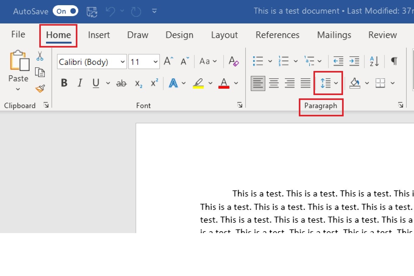 Navigating to the Home tab's line spacing icon in Microsoft Word.