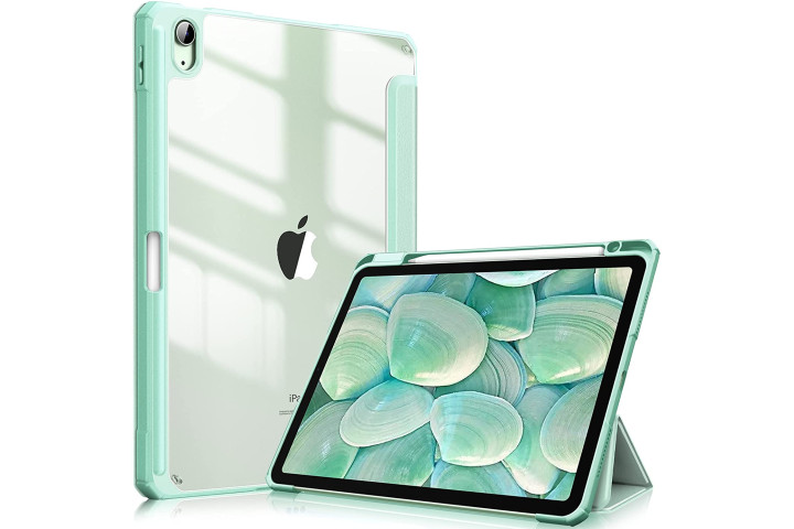 Fintie hybrid case pour ipad air 5 montrant le dos cristallin dans un coloris vert menthe.