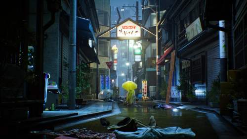 A spirit in a yellow raincoat stands on a street in Ghostwire: Tokyo.