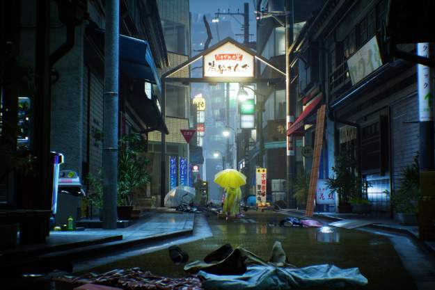 A spirit in a yellow raincoat stands on a street in Ghostwire: Tokyo.