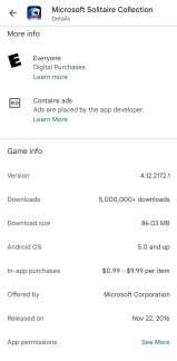 Screenshot of Google Play Store listing for "Microsoft Solitaire Collection" he is missing "last update" Information as per new store update.
