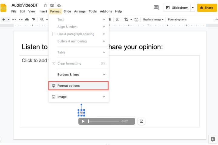 Format Options in the Google Slides Format menu.