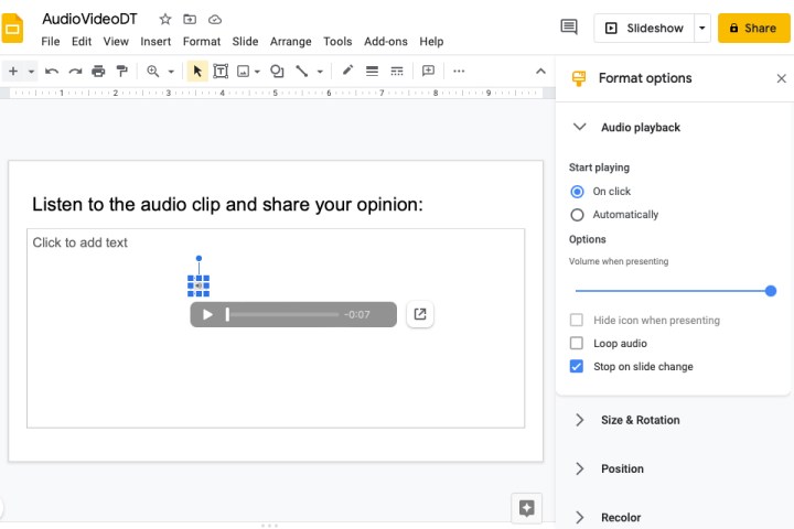 Audio Playback options in Google Slides.