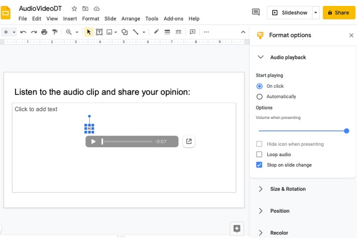 Audio playback options in Google Slides.