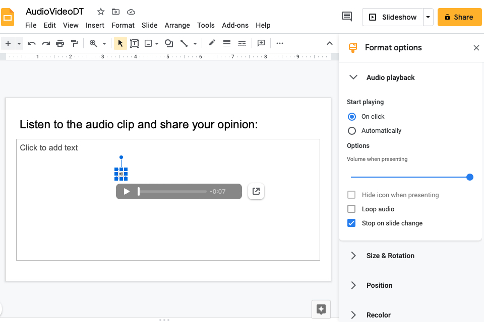Audio playback options in Google Slides.