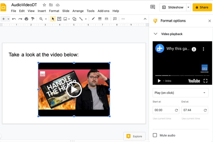 Video Playback options in Google Slides.