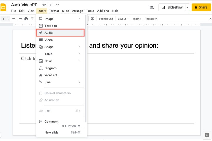 Find out how to add audio or video to Google Slides