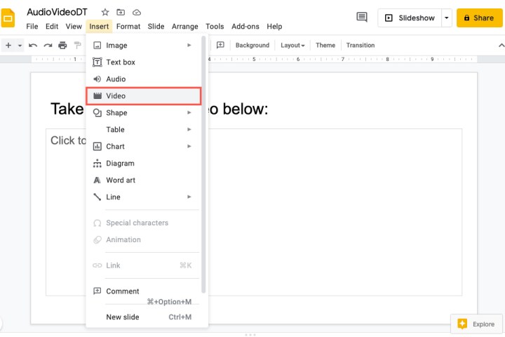 Video in the Google Slides Insert menu.