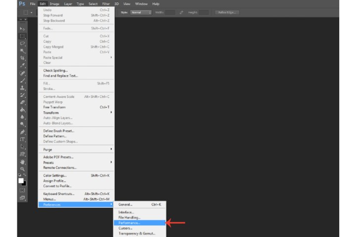 The Performance tab in Photoshop.
