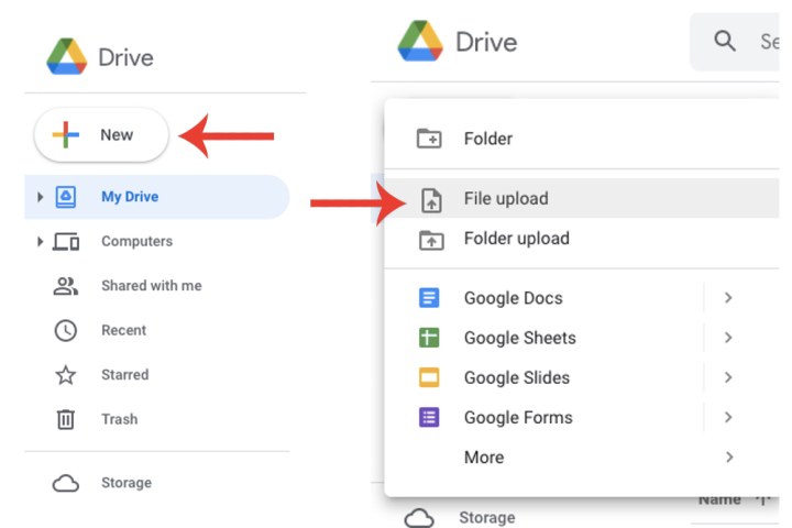 Google ड्राइव में नए और फ़ाइल अपलोड बटन के माध्यम से एक नई फ़ाइल जोड़ना।