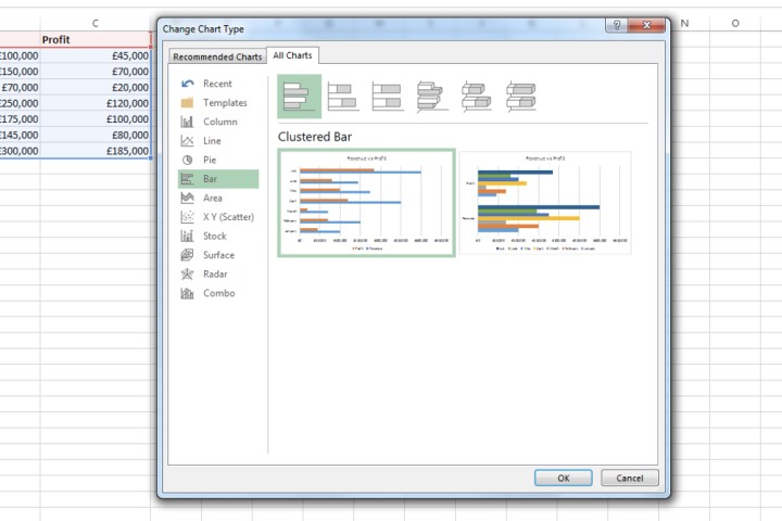 نافذة "كافة المخططات" في Microsoft Excel.