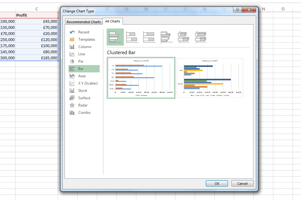 A janela Todos os Gráficos no Microsoft Excel.
