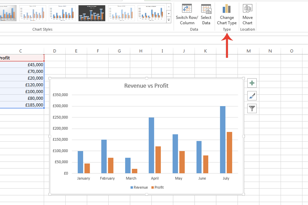 دکمه Change Chart Type در Microsoft Excel.