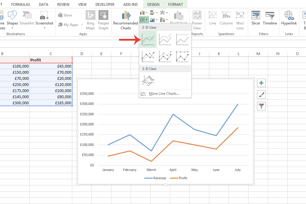 O menu suspenso para um tipo de gráfico específico no Microsoft Excel.