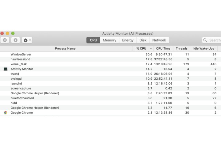 The Activity Monitor window in a Mac that displays all the processes currently running on the system.