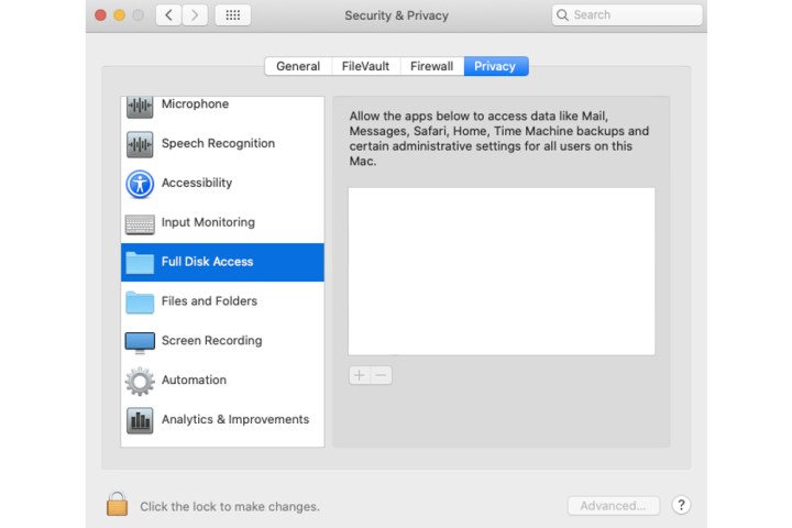 The Full Disk Access menu on a Mac where you can remove and add apps that can have unrestricted access to the system.