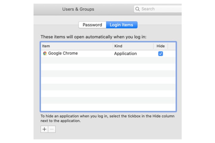 The Login Items menu on a Mac, which shows which boot up alongside the system’s startup.