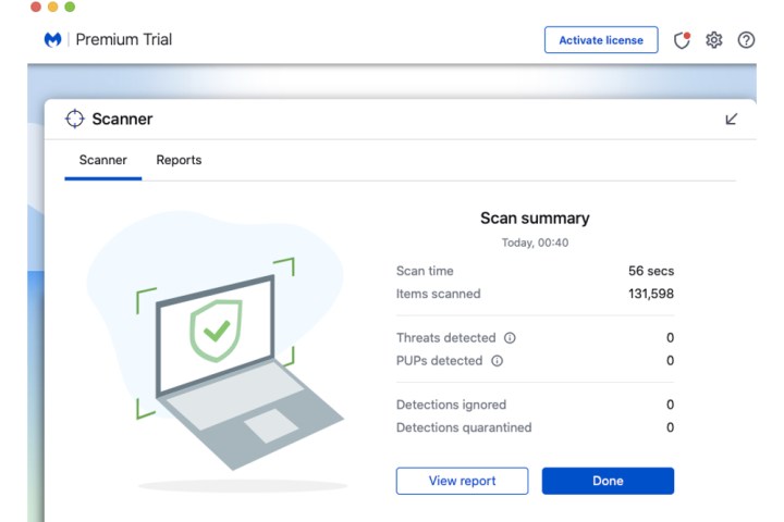 A complete scan of a Mac system with the malware program Malwarebytes.