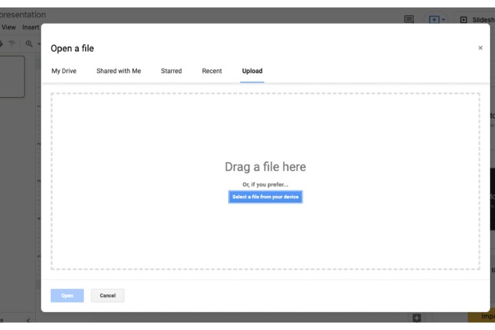 नई फ़ाइल खोलने के लिए Google स्लाइड में अपलोड अनुभाग।