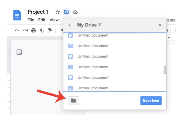 دکمه ایجاد یک پوشه جدید در سند Google Docs.