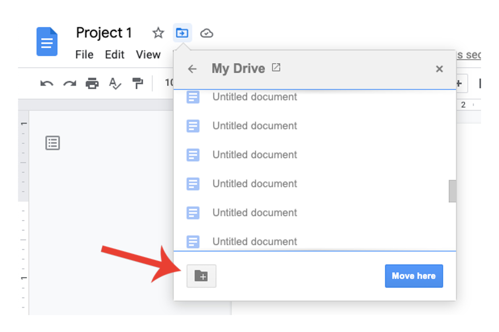 The Create New Folder button in a Google Docs document.