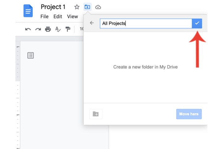 دکمه Create New Folder در کنار دکمه عنوان پوشه در Google Docs.