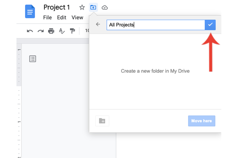 The Create New Folder button next to the folder title button in Google Docs.