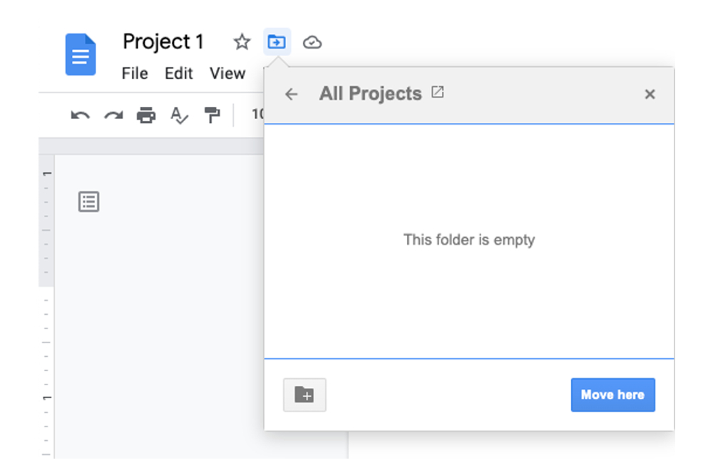 The Move Here button in Google Docs when moving a document to a folder.