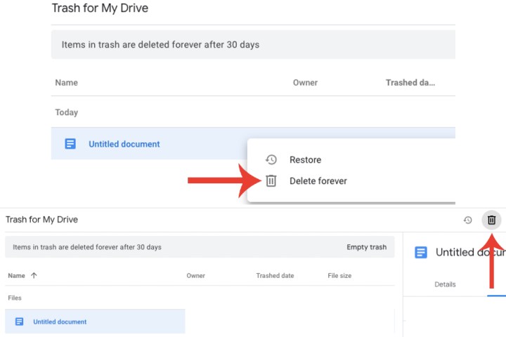 The button for deleting a file from Google Drive’s Trash folder.