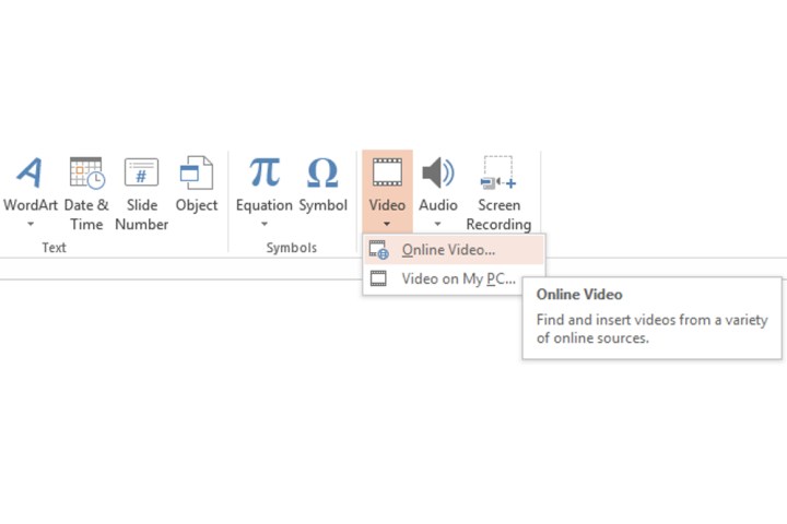 El botón Vídeo en línea de Microsoft PowerPoint.