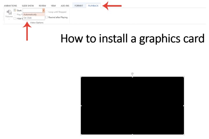La pestaña Reproducción de Microsoft PowerPoint, donde puedes personalizar la configuración de un vídeo de YouTube incrustado.