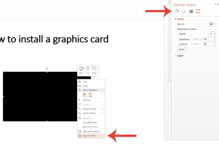 La ventana Formato de video donde puede personalizar la configuración específica de un video de YouTube incrustado en Microsoft PowerPoint.