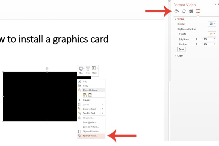 The Format Video window, where you can adjust certain settings of an embedded YouTube video in Microsoft PowerPoint.