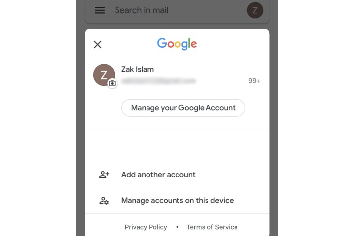 The Manage accounts on this device button for a Gmail account on an iPhone.