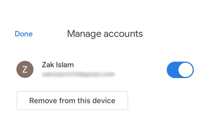 The Remove from this device button for a Gmail account on an iPhone.