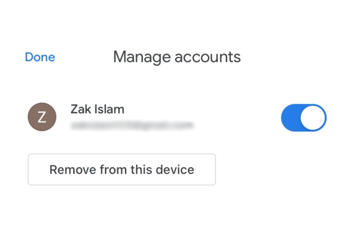 دکمه Remove from this device برای یک حساب جیمیل در آیفون.