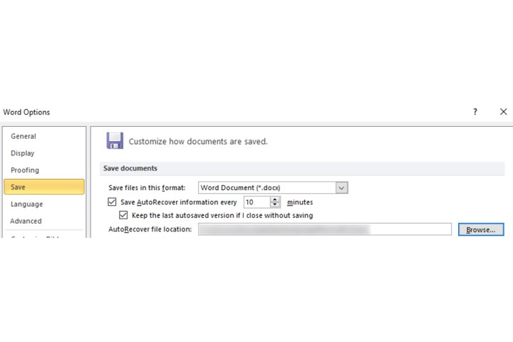The AutoRecover File Location field on Microsoft Word.