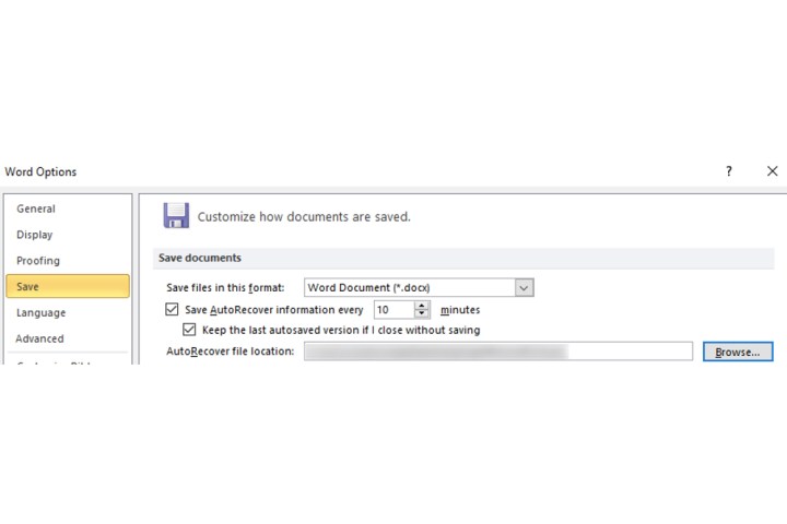 O campo Localização do arquivo de recuperação automática no Microsoft Word.