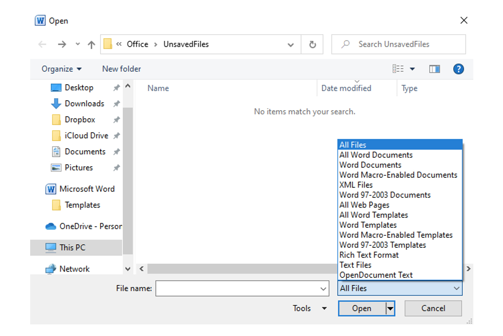O menu suspenso Todos os arquivos no Windows 10 via Microsoft Word.