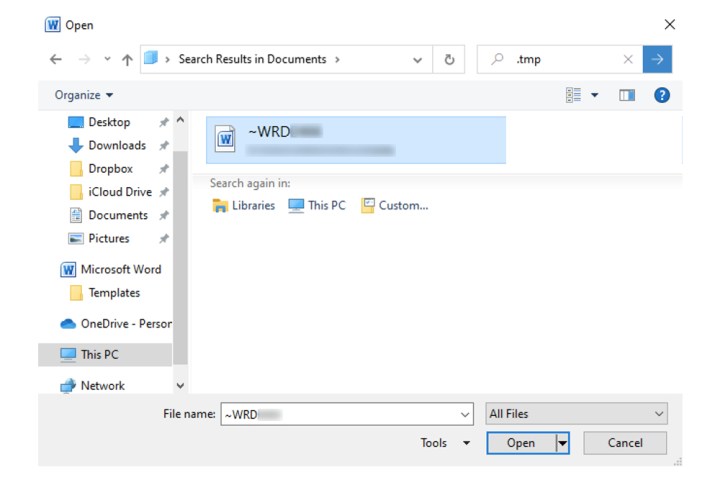 Un archivo .tmp de Microsoft Word ubicado en Documentos en Windows 10.