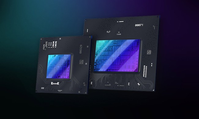 Two Intel Arc chips in front of a blue and purple gradient background.
